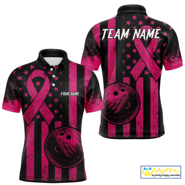 Black and Pink ribbon American Flag Bowling Shirts For Men Custom Breast Cancer team bowling shirts NQS9843