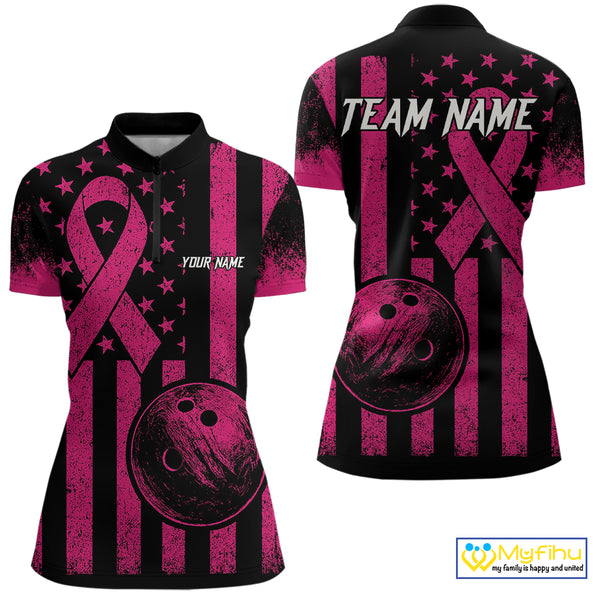 Black and Pink ribbon American Flag Bowling Shirts For Women Custom Breast Cancer team bowling shirts NQS9843