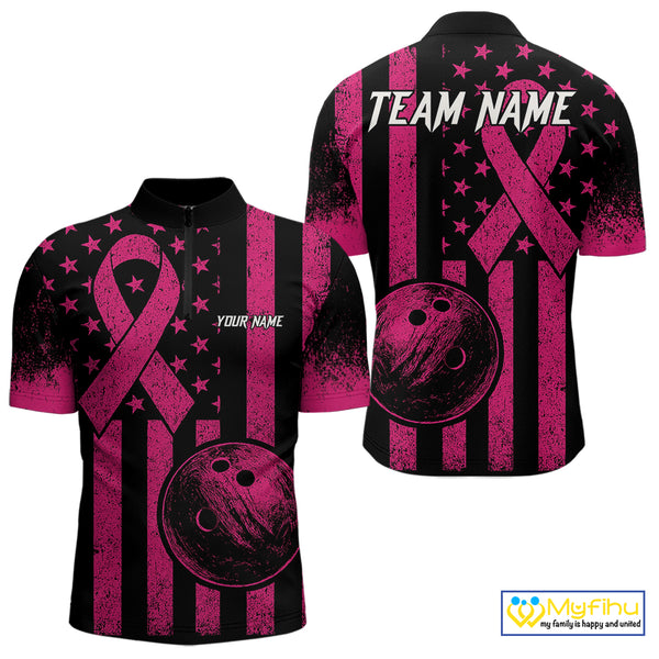 Black and Pink ribbon American Flag Bowling Shirts For Men Custom Breast Cancer team bowling shirts NQS9843