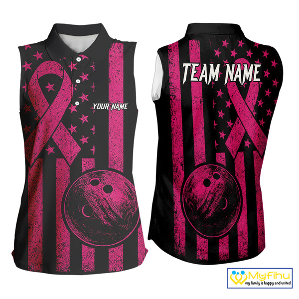 Black and Pink ribbon American Flag Bowling Sleeveless Polos Custom Breast Cancer team bowling shirts NQS9843
