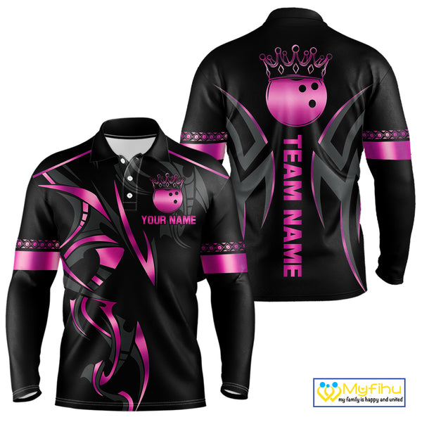 Black and Pink crown Bowling ball Polo, Quarter Zip Shirts for Men Custom Bowling Team jerseys NQS10074