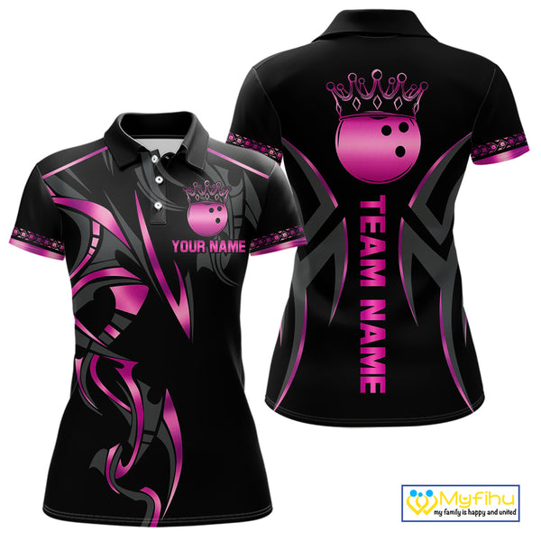 Black and Pink crown Bowling ball Polo, Quarter Zip Shirts for Women Custom Bowling Team jerseys NQS10074