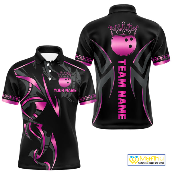 Black and Pink crown Bowling ball Polo, Quarter Zip Shirts for Men Custom Bowling Team jerseys NQS10074
