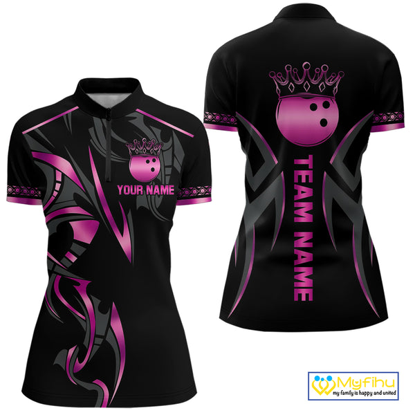 Black and Pink crown Bowling ball Polo, Quarter Zip Shirts for Women Custom Bowling Team jerseys NQS10074