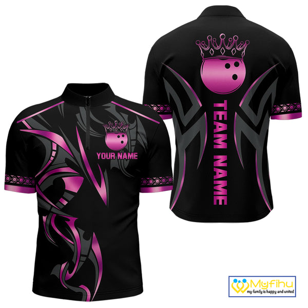 Black and Pink crown Bowling ball Polo, Quarter Zip Shirts for Men Custom Bowling Team jerseys NQS10074
