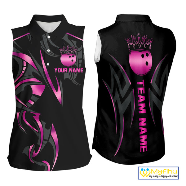 Black and Pink crown Bowling sleeveless polo Shirt Custom Bowling Team jerseys NQS10074