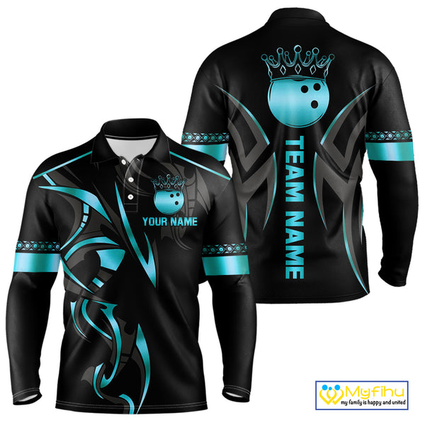 Black and Cyan Blue crown Bowling ball Polo, Quarter Zip Shirts for Men Custom Bowling Team jerseys NQS10075