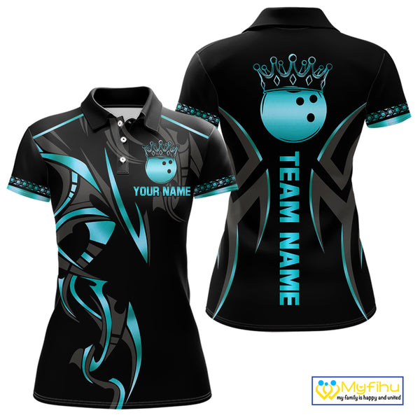Black and Cyan Blue crown Bowling ball Polo, Quarter Zip Shirts for Women Custom Bowling Team jerseys NQS10075