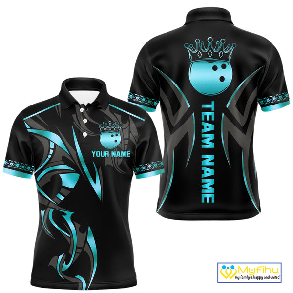 Black and Cyan Blue crown Bowling ball Polo, Quarter Zip Shirts for Men Custom Bowling Team jerseys NQS10075