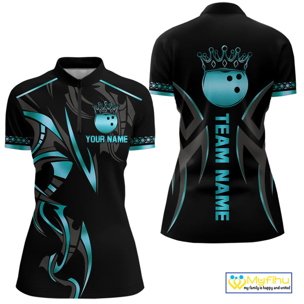 Black and Cyan Blue crown Bowling ball Polo, Quarter Zip Shirts for Women Custom Bowling Team jerseys NQS10075