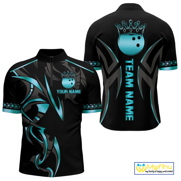 Black and Cyan Blue crown Bowling ball Polo, Quarter Zip Shirts for Men Custom Bowling Team jerseys NQS10075