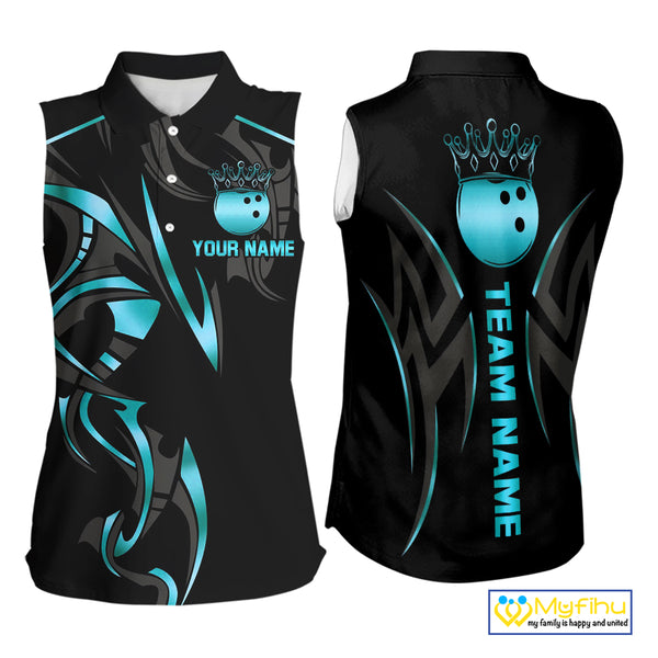 Black and Cyan Blue crown Bowling sleeveless polo Shirt Custom Bowling Team jerseys NQS10075
