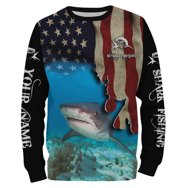 Shark Fishing 3D American Flag Patriotic Customize name All over print shirts NQS542