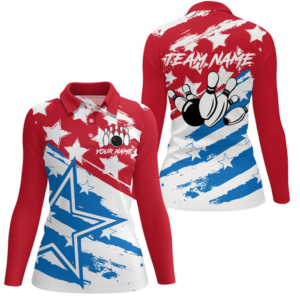 Personalized Red White and Blue American flag Bowling Shirts For Women Patriotic Bowling Team Jerseys NQS8634