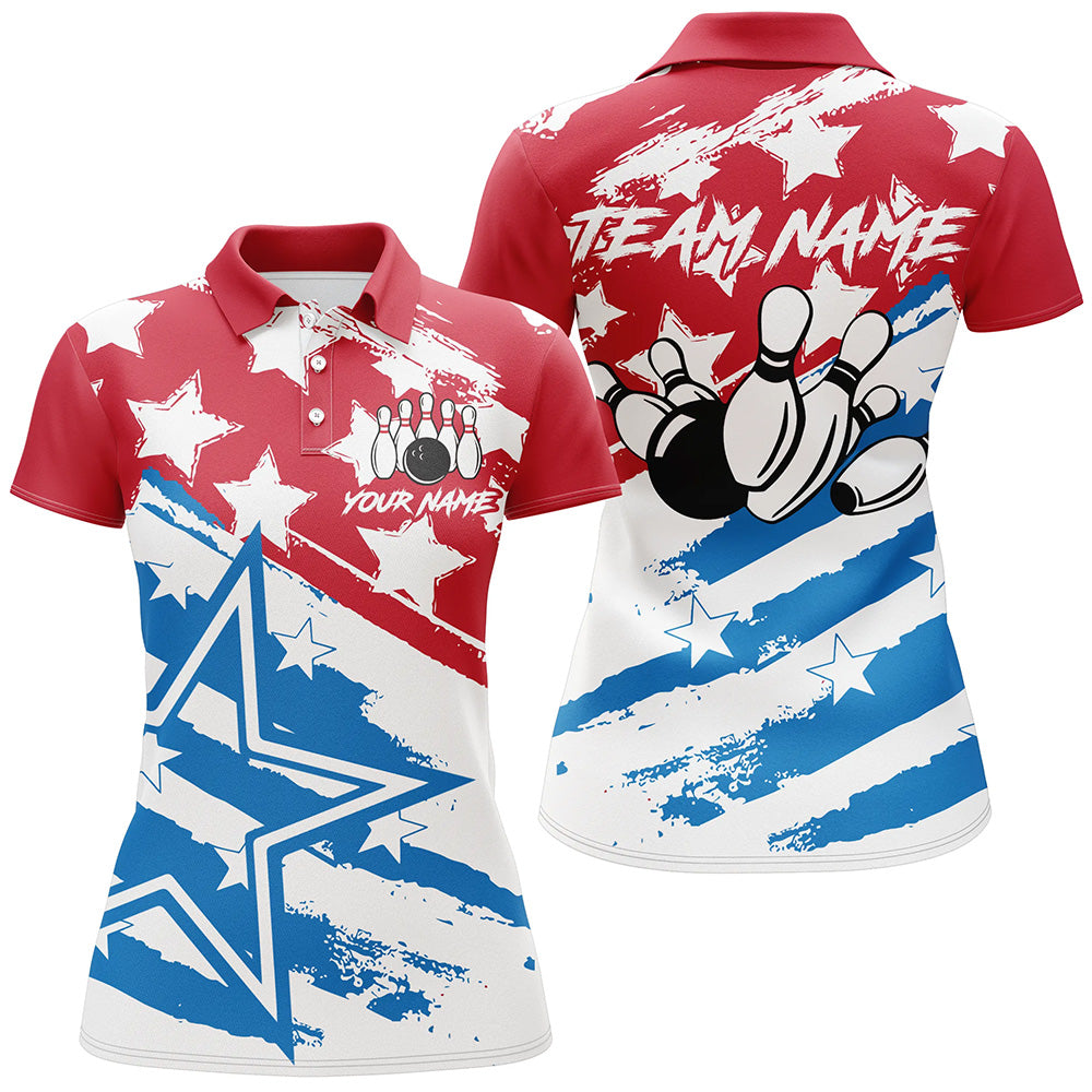 Personalized Red White and Blue American flag Bowling Shirts For Women Patriotic Bowling Team Jerseys NQS8634