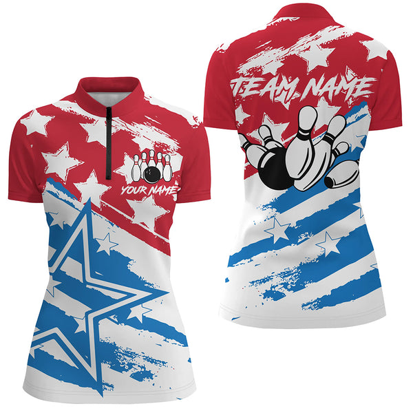 Personalized Red White and Blue American flag Bowling Shirts For Women Patriotic Bowling Team Jerseys NQS8634