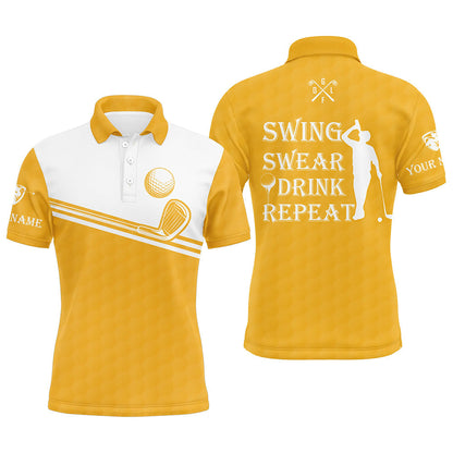 Mens golf polo shirt swing swear drink repeat custom name yellow and white golf tops for mens NQS6991