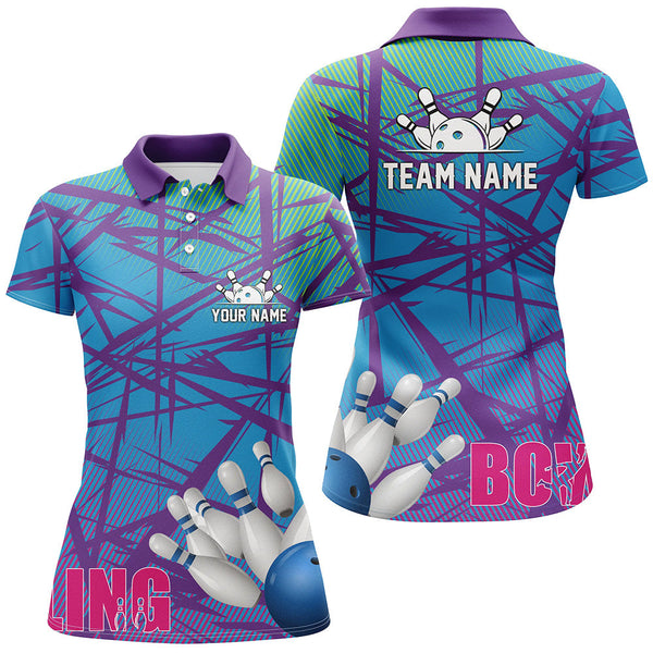 Womens bowling polo shirt blue purple camo Bowling Jerseys, Personalized Bowling Team Shirts NQS6996
