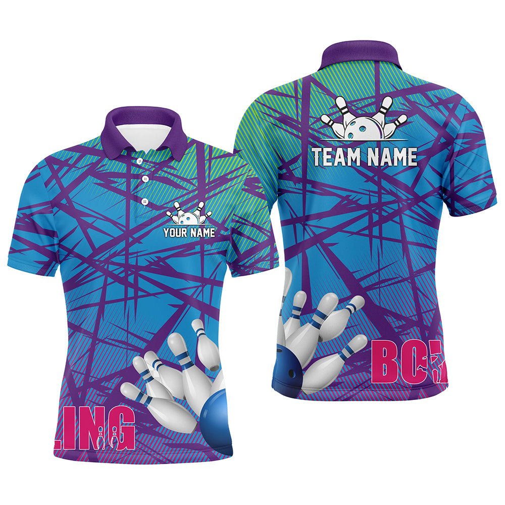 Personalized Men polo Bowling Shirt blue purple camo Bowling Jerseys, Personalized Bowling Team Shirts NQS6996