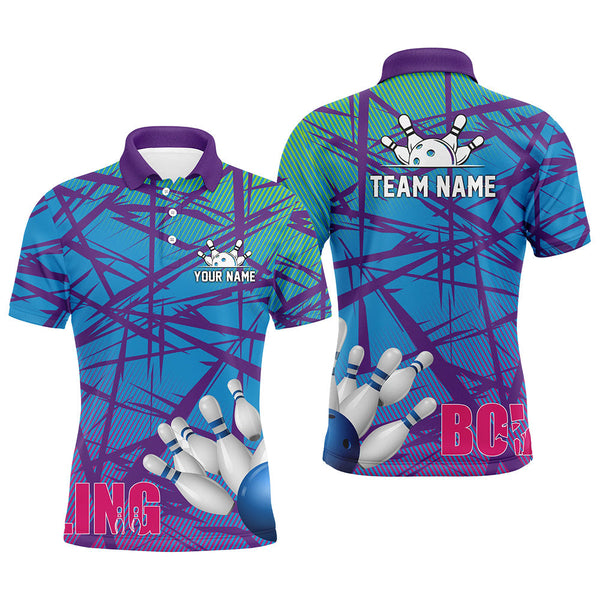 Personalized Men polo Bowling Shirt blue purple camo Bowling Jerseys, Personalized Bowling Team Shirts NQS6996