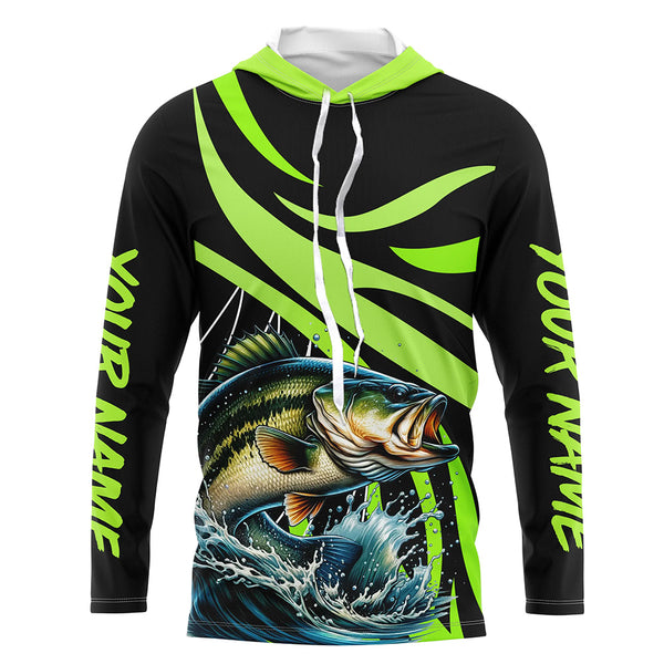 Personalized Largemouth Bass Long Sleeve Fishing Shirts, Bass Tournament Fishing Jerseys | Green NQS7421