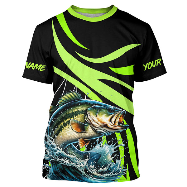 Personalized Largemouth Bass Long Sleeve Fishing Shirts, Bass Tournament Fishing Jerseys | Green NQS7421