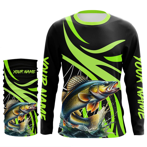 Personalized Walleye Long Sleeve Fishing Shirts, Walleye Tournament Fishing Jerseys | Green NQS7424