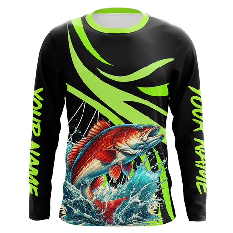 Personalized Redfish puppy Long Sleeve Fishing Shirts, Red drum Tournament Fishing Jerseys | Green NQS7425