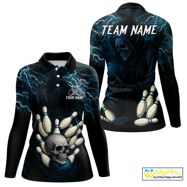 Blue Thunder Lightning Skull Reaper Bowling Polo, 1/4 Zip Shirts For Women Custom team bowling jerseys NQS9849