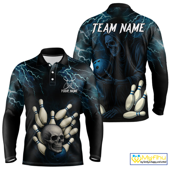 Blue Thunder Lightning Skull Reaper Bowling Polo, 1/4 Zip Shirts For Men Custom team bowling jerseys NQS9849