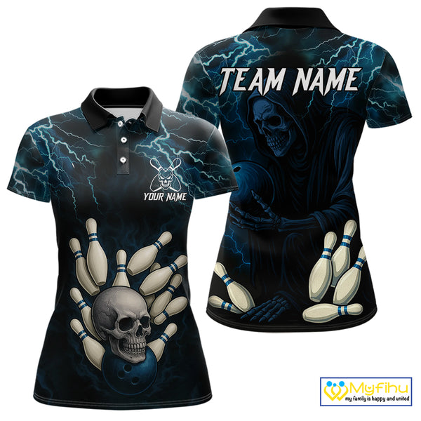 Blue Thunder Lightning Skull Reaper Bowling Polo, 1/4 Zip Shirts For Women Custom team bowling jerseys NQS9849