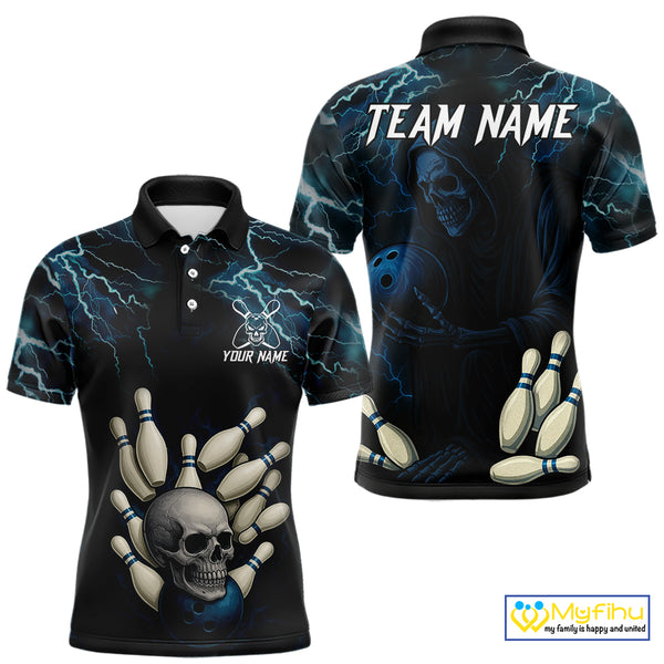 Blue Thunder Lightning Skull Reaper Bowling Polo, 1/4 Zip Shirts For Men Custom team bowling jerseys NQS9849