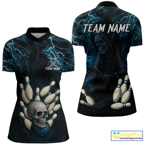 Blue Thunder Lightning Skull Reaper Bowling Polo, 1/4 Zip Shirts For Women Custom team bowling jerseys NQS9849
