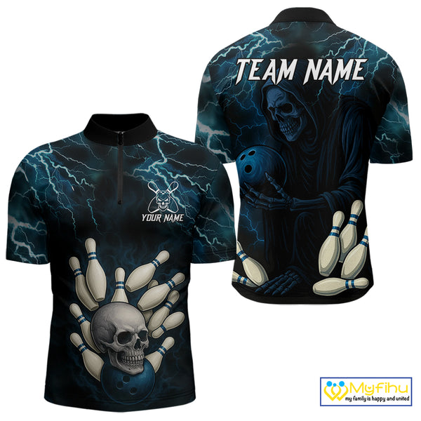 Blue Thunder Lightning Skull Reaper Bowling Polo, 1/4 Zip Shirts For Men Custom team bowling jerseys NQS9849
