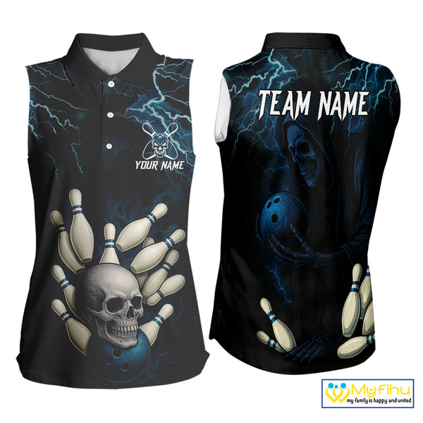 Blue Thunder Lightning Skull Reaper Bowling Sleeveless Polo shirt Custom team bowling jersey NQS9849