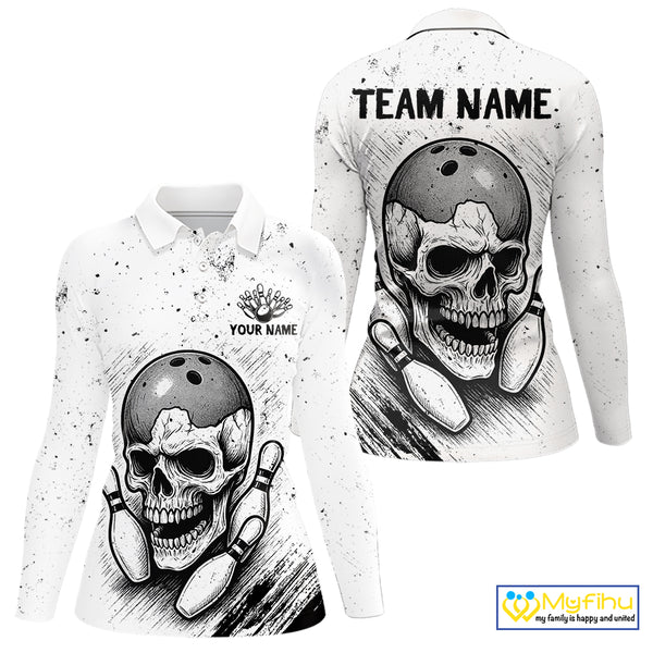 Black and White Grunge Skull Bowling Polo, 1/4 Zip Shirts For Women Custom Skull team bowling jerseys NQS9854