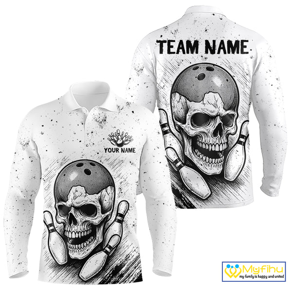 Black and White Grunge Skull Bowling Polo, 1/4 Zip Shirts For Men Custom Skull team bowling jerseys NQS9854