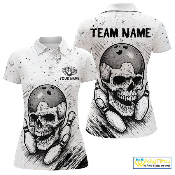 Black and White Grunge Skull Bowling Polo, 1/4 Zip Shirts For Women Custom Skull team bowling jerseys NQS9854