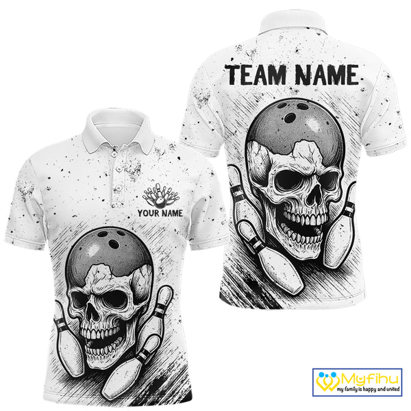 Black and White Grunge Skull Bowling Polo, 1/4 Zip Shirts For Men Custom Skull team bowling jerseys NQS9854