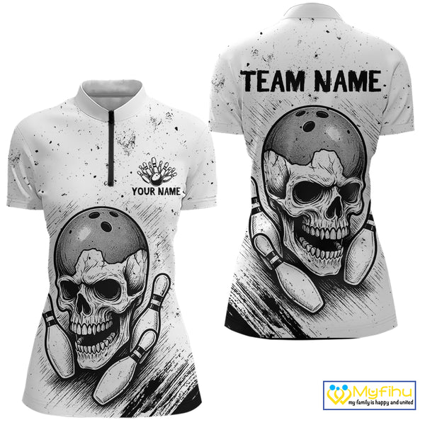 Black and White Grunge Skull Bowling Polo, 1/4 Zip Shirts For Women Custom Skull team bowling jerseys NQS9854
