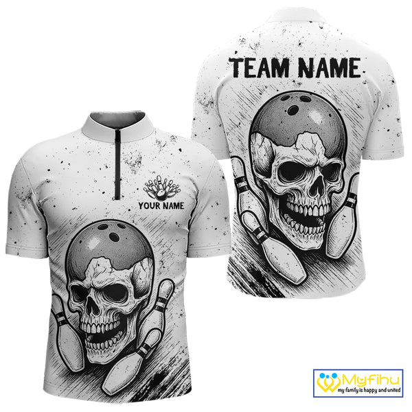 Black and White Grunge Skull Bowling Polo, 1/4 Zip Shirts For Men Custom Skull team bowling jerseys NQS9854