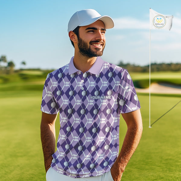 Mens golf polo shirts custom purple argyle plaid pattern golf attire for men, golfer gifts NQS10078