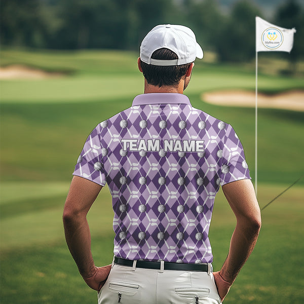 Mens golf polo shirts custom purple argyle plaid pattern golf attire for men, golfer gifts NQS10078