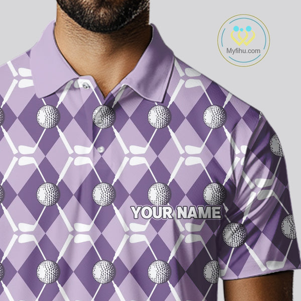 Mens golf polo shirts custom purple argyle plaid pattern golf attire for men, golfer gifts NQS10078