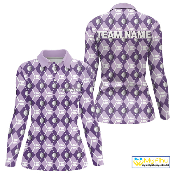 Women golf polo shirts custom purple argyle plaid pattern golf attire for ladies, golfer gifts NQS10078