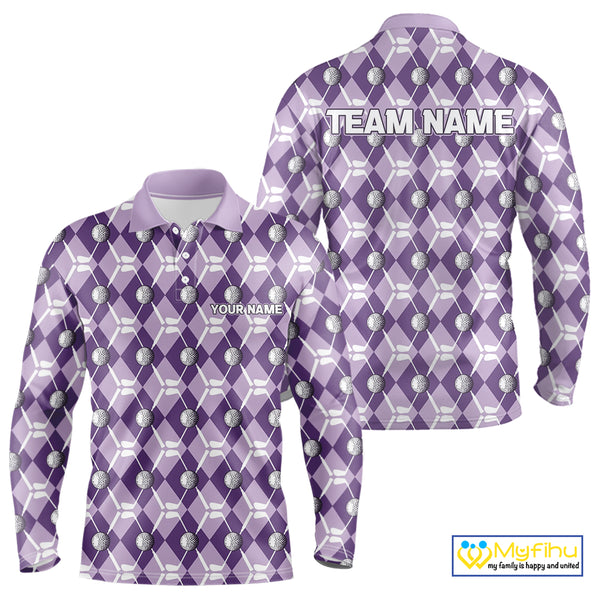 Mens golf polo shirts custom purple argyle plaid pattern golf attire for men, golfer gifts NQS10078