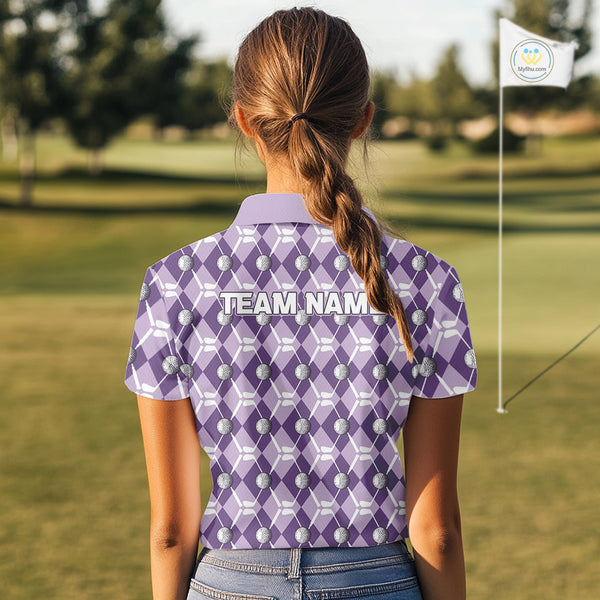 Women golf polo shirts custom purple argyle plaid pattern golf attire for ladies, golfer gifts NQS10078