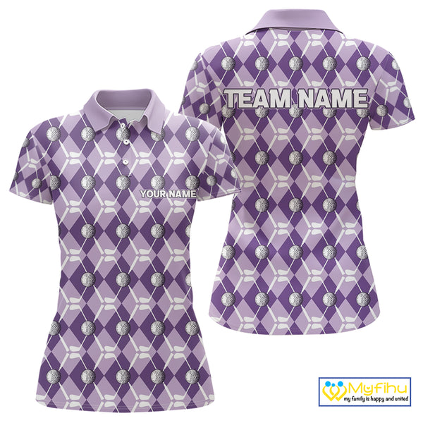 Women golf polo shirts custom purple argyle plaid pattern golf attire for ladies, golfer gifts NQS10078