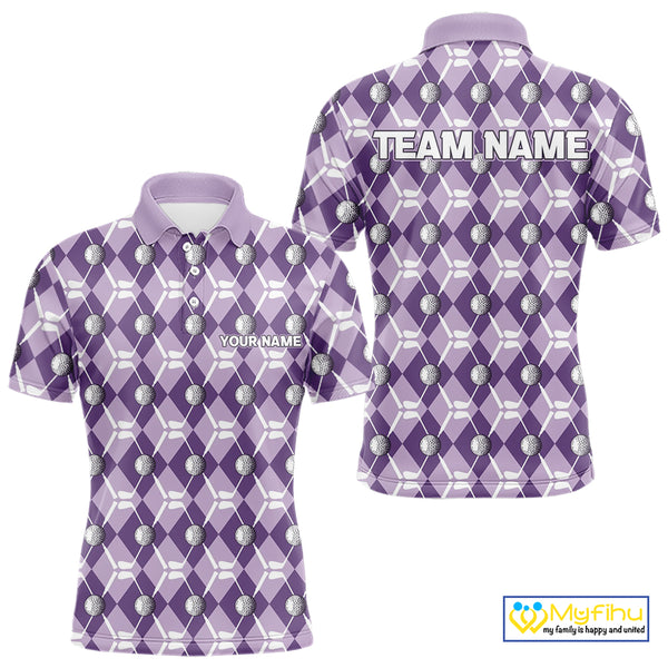Mens golf polo shirts custom purple argyle plaid pattern golf attire for men, golfer gifts NQS10078