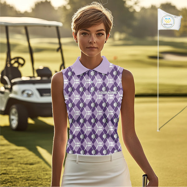 Women sleeveless polo shirt custom purple argyle plaid pattern golf attire for ladies, golfer gifts NQS10078